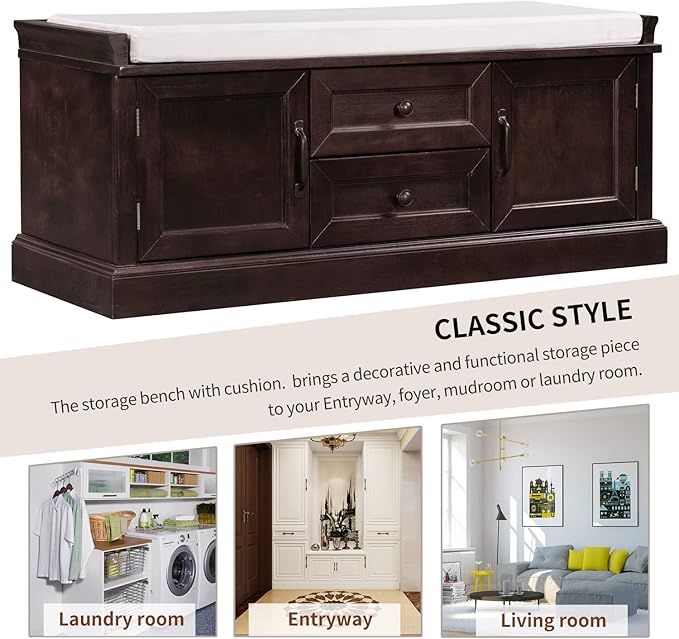 Storage Bench with 2 Drawers and 2 Cabinets, Pine Wood Pine Wood Shoe Bench with Removable Cushion for Living Room, Entryway 42.5" L x 15.9" W x 17.5" H (Espresso)