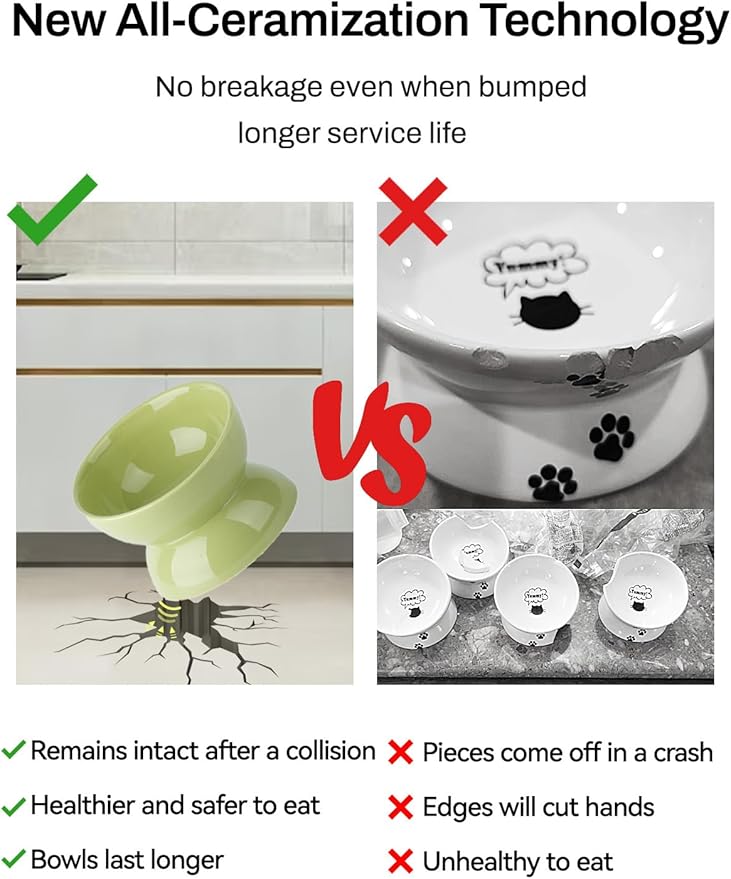 Cat Water Bowl, 16 OZ Ceramic Elevated Cat Bowls, 15° Tilted and Raised Pet Food Dish, Anti Vomiting Protect Pets' Spines and Whisker Fatigue