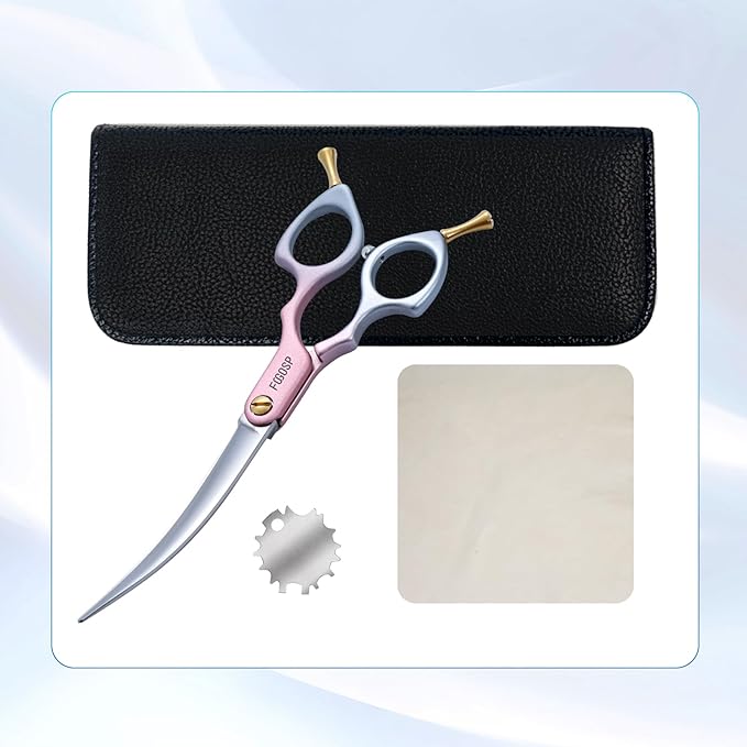 Professional Curved Dog Grooming Scissors with Sharper Self Grinding lightweight and finely trimmed split structure 6.5'' Japan VG10 63HRC for small dogs cat pet(Pink&Gray)