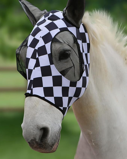 Harrison Howard Super Comfort Stretchy Fly Mask Large Eye Space with UV Protection Soft on Skin with Breathability Checker Board XL