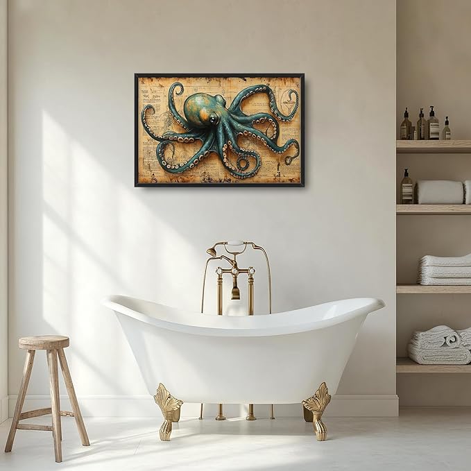 Large Octopus Nautical Wall Art for Living Room, Vintage Ocean Canvas Oversized Wall Decor, Rustic Sea Animal Framed Pictures Painting Print Artwork for Bedroom Office 36"L x 24"W