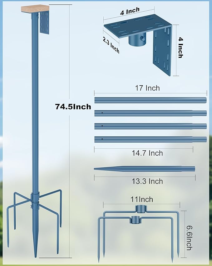 Bird Feeder Pole Stand – 74.5 Inch Height Feeding Station with 1-Inch Dia Heavy Duty for Hanging Feeders, Bird House Pole Mount Kit for Outdoor, Slip-Fit Connection, Blue