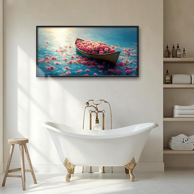 Large Lake Floral Landscape Wall Art for Living Room, Nature Boat Flower Canvas Oversized Wall Decor, Rose Scenery Framed Pictures Painting Print Artwork for Bedroom Office 60L" x 30W"
