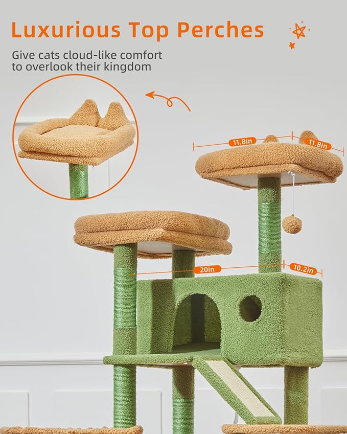 Taoqimiao Cactus Cat Tree, 57.5-Inch Cat Tower for Indoor Cats Large Adult, Extra Large Cat Condo, 8 Sisal Scratching Posts, Metal Frame Cozy Hammock, Durable Scratch Board, 2 Top Perches, MSC026