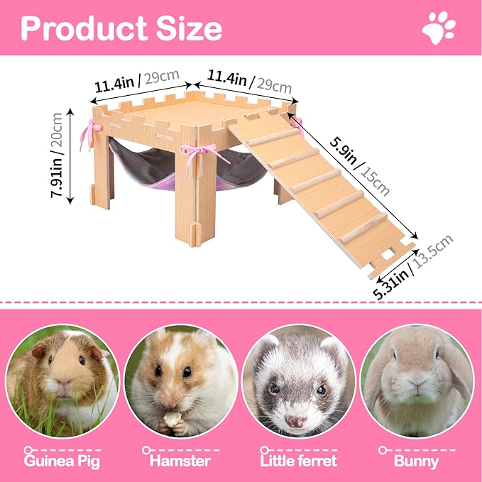 Guinea Pig Hammock with Platform and Ramps,Wooden Small Animal Hideout with Waterproof Coating Mat Hammock,Guinea Pig Cages Accessories Toys Hiding Playing,Easy to Clean(Double)