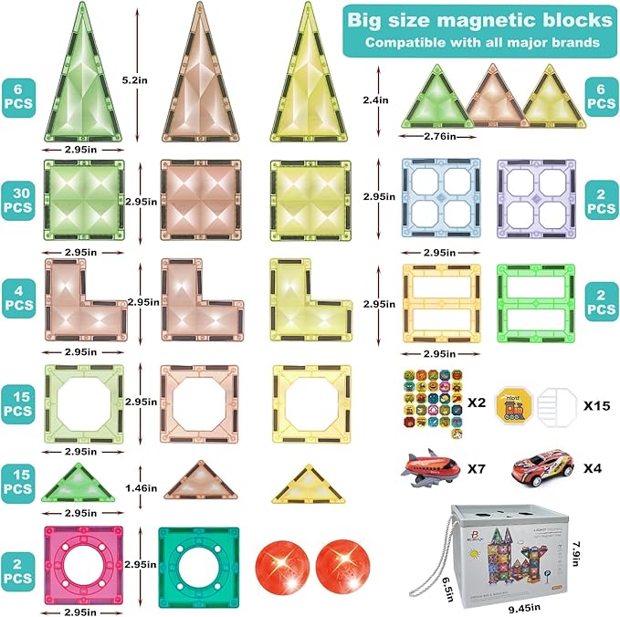 Magnetic Tiles Diamond Series with Lights 4 Pull-Back Metal Cars&7 Airplanes Magnet Tiles Building Block Toy for Kids Educational Construction STEM Toy, Great Gift for Kids Aged 3-8