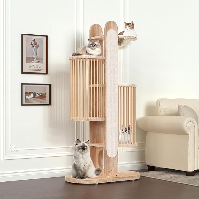 Modern Cat Tree Tower for Indoor Cats, 67" Tall Solid Wooden Cat Tower with Scratching Posts, 6 Level Natural Luxury Cat House with Big Bed, Washable Cushions Cat Furniture for Large Cats White
