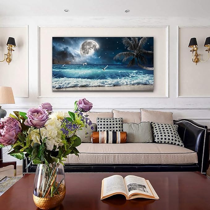 Yxbhhym large Moon Ocean Wall Art Seascape Painting Sea Pictures Canvas Wave Blue Beach Artwork for Wall Landscape Poster Prints Palm Wall Decor Bedroom Living Room Decor Framed-24x48inches
