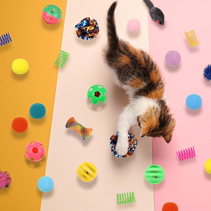 Kitten Toys, 60PCS Cat Balls Springs Toy Set, Cat Mouse Toy, Kitten Sparkle Crinkle Balls Furry Soft Pom Pom