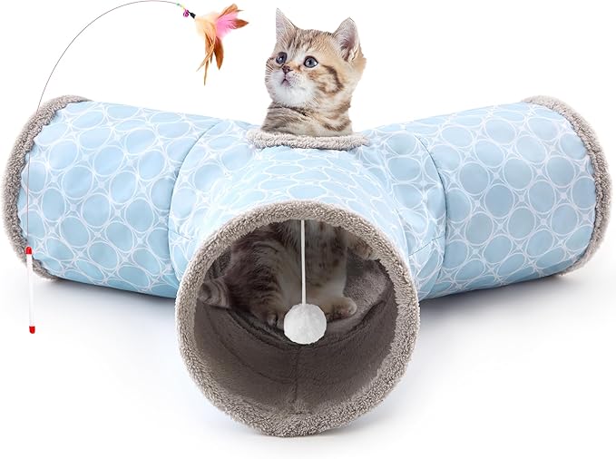 Tempcore Pet Cat Tunnel Tube Toys 3 Way Collapsible, Cat Tunnels for Indoor Cats Fleece-Lined in for Warmth,Kitty Tunnel Bored Cat Pet Toys Peek Hole Toy Ball Cat, Puppy, Kitten, Geometry Blue