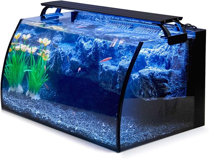 hygger Horizon 8 Gallon LED Glass Aquarium Kit for Starters with 7W Power Filter Pump, 18W Colored led Light, Wide View Curved Shape Fish Tank with Undetachable 3D Rockery Background Decor
