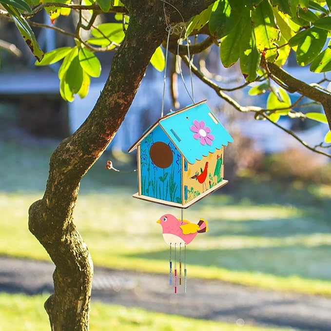 Fennoral 12 Pack Bird House Craft Kit for Kids Make You Own Bird Wind Chime Kit DIY Build and Paint Wooden Birdhouses Bird Feeder Art and Craft for Spring Yard Garden Outdoor Decoration