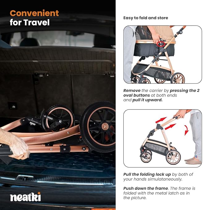 3 in 1 Pet Stroller - Stroller for Small to Medium Dogs and Cats up to 55 lbs, with Detachable Carrier/Car Seat, Foldable and Lightweight, Detachable Cushion + Cup Holder (Black/Gold)