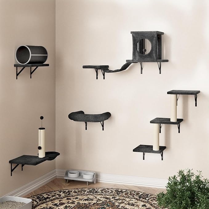 NUNU LAB 7-in-1 Wall Mounted Cat Climber Set, Cat Wall Furniture Set with House, Bridge, Steps, Scratcher Post, DIY Playground, Cat Wall Shelves - Dark Gray
