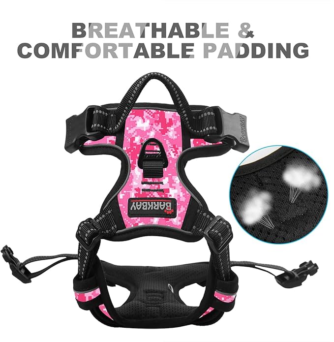 BARKBAY No Pull Dog Harness Front Clip Heavy Duty Reflective Easy Control Handle for Large Dog Walking(Pink camo,L)