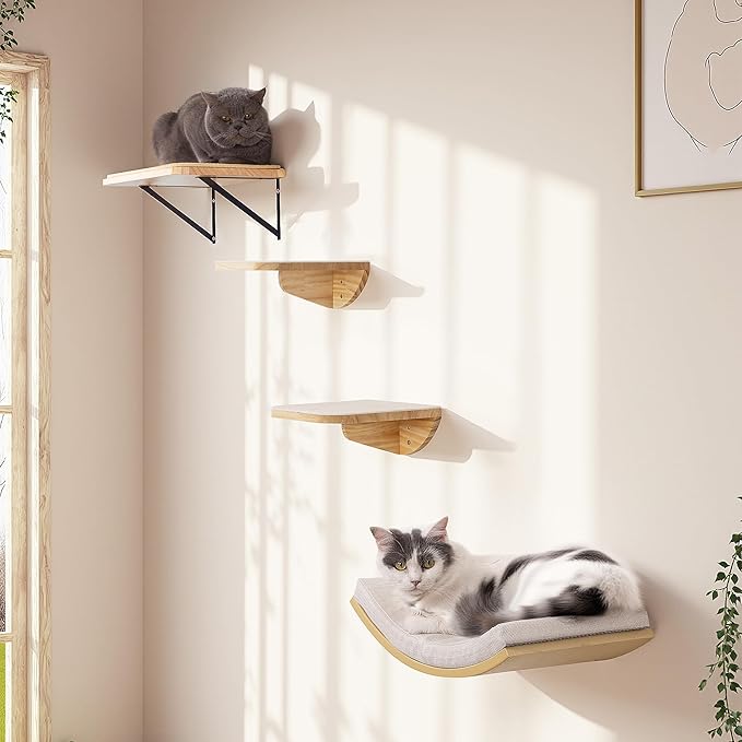 Wood Cat Wall Shelf with Soft Foam Cushion, Curved Cats Wall Bed for Large Cats, Floating Cat Perch for Sleeping & Climbing