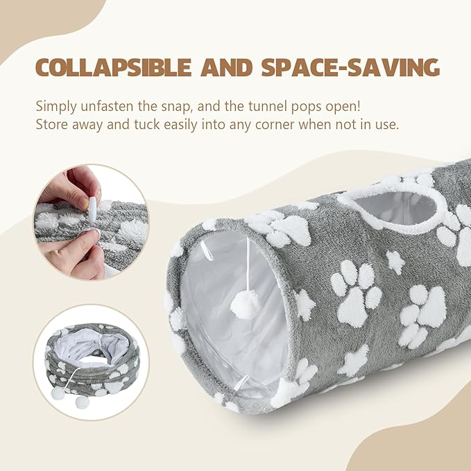 Straight Cat Tunnel for Indoor Cats 47"x12", Cute Cat Toys Collapsible Tunnel Tube with Balls for Puppy Kitten Rabbit, Grey Paw