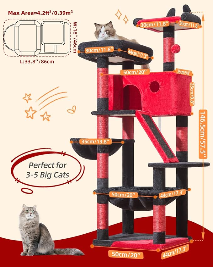 Taoqimiao Gothic Cat Tree 57.5-Inch, Cat Tower for Indoor Cats Large Adult, Large Cat Condo, 8 Sisal Scratching Posts, Metal Frame Cozy Hammock, Durable Scratch Board, 2 Perches, Black and Red MS026BR
