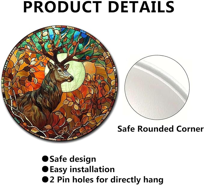 Lygond Metal Sign Tin Sign Circular Stained Glass Deer Gift For Gift 12×12 Inches