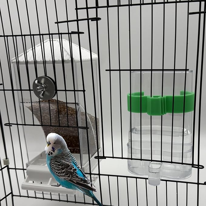 No Mess Bird Feeder Water Dispenser Set, Automatic Parrot Feeder for Cage Transparent Acrylic Food Container Drinker Cage Accessories Parakeet Cockatiel Lovebird Finch (Green)