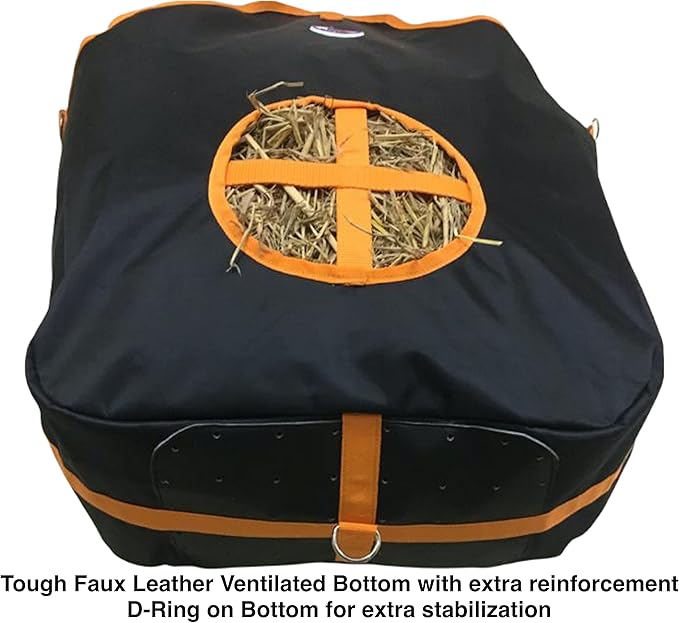 Majestic Ally Nylon Hay Feeder Tote Bag for Horse, Goat, Sheep - Double Sides Open Feed Hole with Faux Leather Ventilated Bottom- Premium Quality -Simulates Grazing - Reduces Waste (Black)