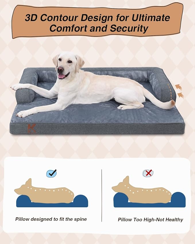 KSIIA Orthopedic Dog Bed for Extra Large Dog,Washable Pet Sofa with U-Shaped Bolster Removable Waterproof Cover Non-Slip Bottom and Egg-Crate Orthopedic Foam Pet Couch Bed, 47 x 32 Inch, Dark Gray