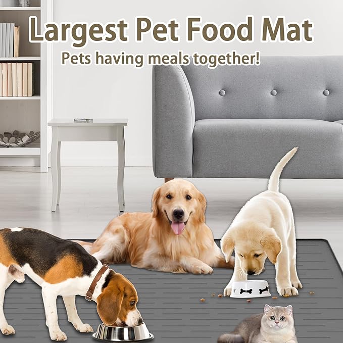 Extra Large Pet Food Mat for Dogs, 32''x24'' Waterproof Dog Feeding Mat, Non-Slip Silicone Dog Bowl Mat for Floors, Easy Clean Pet Water Mat Tray (Dark Green)