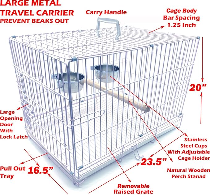Large Portable Durable Metal Travel or Veterinary Easy Collapsable Parrot Bird Carrier Beaks Proof Carrier Cage Easy Clean Pull Out Tray Stainless Steel Feeder Bowls Natural Wooden Perch