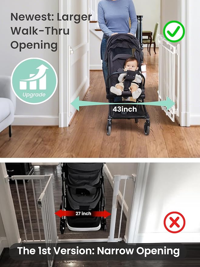 Grownsy Baby Gate for Stairs- No Bottom Bar, Adjustable Width 32โ to 48โ for Child and Pet, Dog Gate with Auto-Close & One-Hand Operation, Screw-in Installation for Doorways and Indoor Use