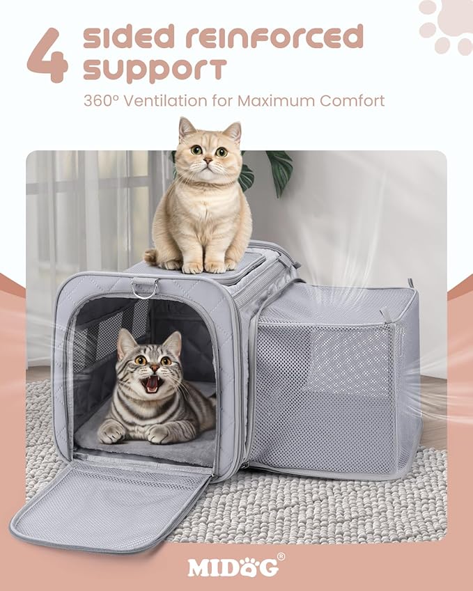 MIDOG Cat Carrier Soft for Small to Medium-Sized Cats,Up to 15 Lbs, TSA Airline Approved Soft Sided Pet Carrier,Collapsible Travel Cat Carry Bag(Grey)