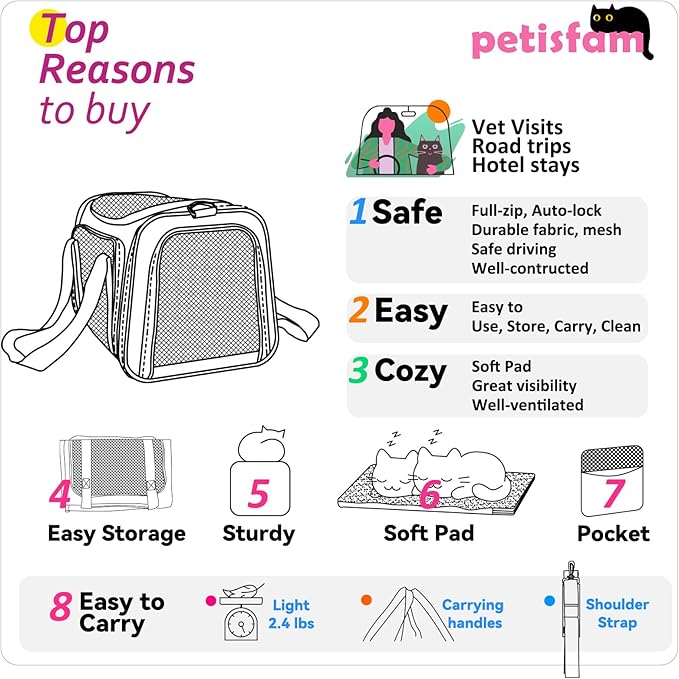 petisfam Soft Pet Carrier for Medium Cats and Small Dogs with Cozy Bed, 3 Doors, Top Entrance | Airline Approved, Escape-Proof, Breathable, Leak-Proof, Easy Storage (Pink)