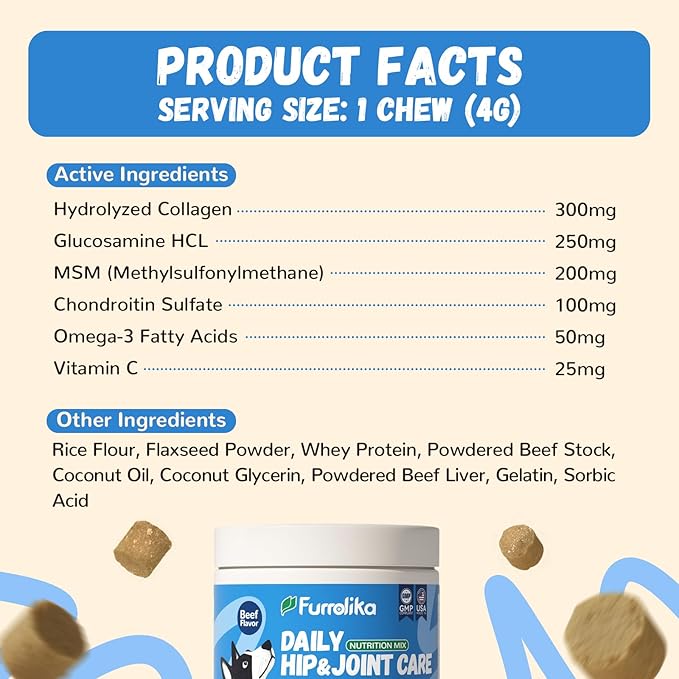 Furrolika Hip and Joint Supplement for Dogs – Made in The USA – Glucosamine, Chondroitin, MSM, Vitamin C – Chewable Joint Support for Mobility & Comfort – Beef Flavor – 60 Soft Chews
