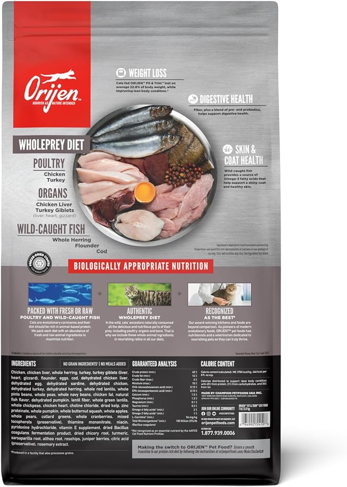 ORIJEN Fit & Trim Grain Free High Protein Premium Dry Cat Food 7lb Bag