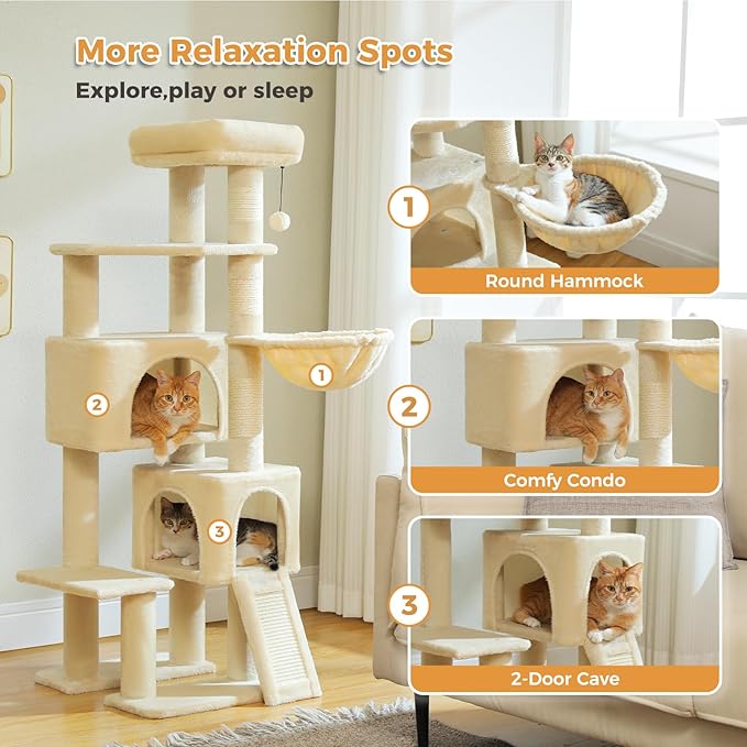 PAWZ Road Cat Tree, 51.6 Inches Cat Tower with Dual Condos, Spacious Perch, Cozy Basket and Sisal-Covered Scratching Posts for Indoor Cats- Beige