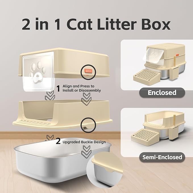 Stainless Steel Cat Litter Box with Lid, 3 in 1 Removable Litter Box for Big/Multiple Cats, High Sides Kitty Litter Pan, Leak-Proof XL Extra Large Enclosed Metal Litter Pan Easy Clean with Scoop & Mat