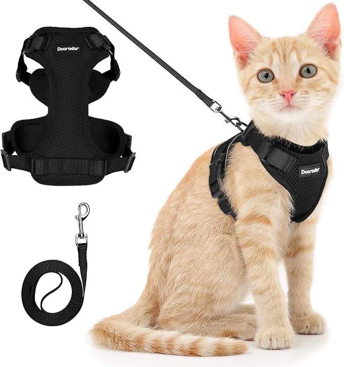 Dooradar Cat Harness and Leash Set, Escape Proof Safe Adjustable Kitten Vest Harnesses for Walking, Easy Control Soft Breathable Mesh Jacket with Reflective Strips for Cats, Black, M