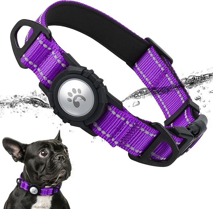 TagME Airtag Dog Collar,Waterproof Reflective Pet Collar with Airtag Holder,Soft Padded and Double D-Rings for Puppy,Purple