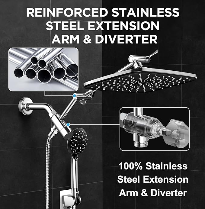 Veken Wide Rain Shower Head with 6 Modes Handheld Water Spray,High Pressure Showerhead Combo with Arm for Bathroom Accessories,Home Decor Adjustable Dual Shower with Anti-Clog Nozzles,Matte Black
