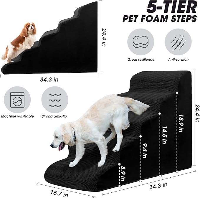 Dog Steps&Stairs for High Beds 24.4 inches High Up to 24-28 inches Bed, Tall Extra Wide Pet Stairs/Steps for High Bedsides,Non-Slip Dog Ramps for Small Older Dogs/Cats(Black)