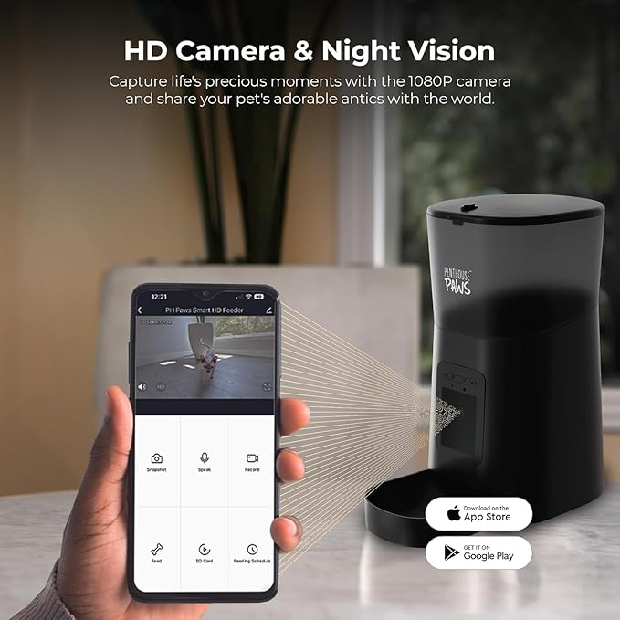 Smart HD Cat Feeder, 2 Way Audio + Voice Recording, Automatic Feeder for Dog with 1080p Night Vision Camera, WiFi App Controlled, Battery Backup, Anti Jam 6L Upto 15 Daily Meals, Black