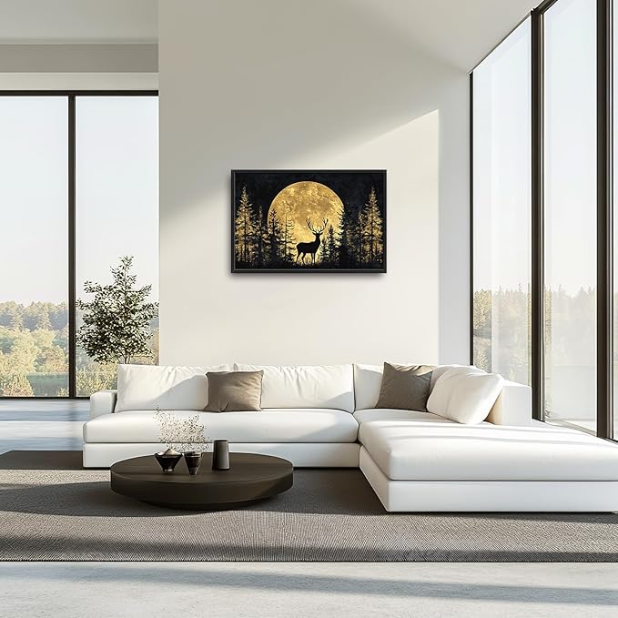 Large Moon Forest Deer Wall Art for Living Room, Black Deer Canvas Oversized Wall Decor, Elk Animal Aesthetics Framed Pictures Painting Print Artwork for Bedroom Office 36L" x 24W"