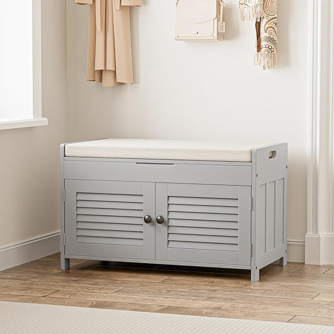 Shoe Storage Bench with Lift Top Storage, Entryway Bench with Cushioned Seat, Adjustable Shelf, 2 Tier Shoe Rack with Doors for Entryway, Bedroom, Hallway, Mudroom, Grey