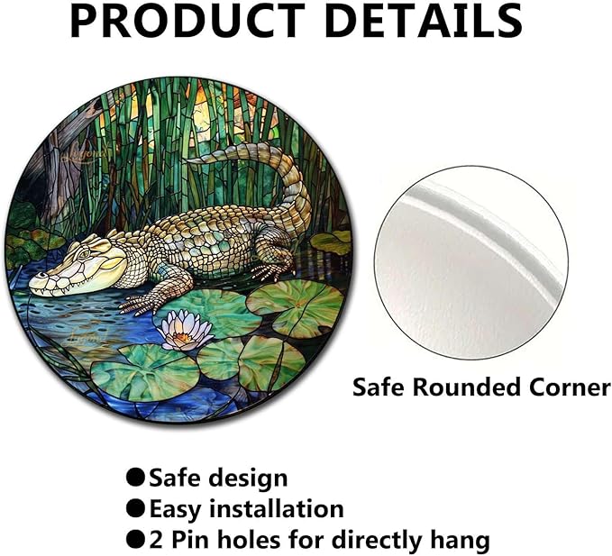 Lygond Metal Sign Tin Sign Circular Stained Glass Crocodile Tin Sign Gift for Garden 8×8 Inches