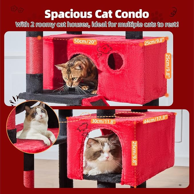 Taoqimiao Gothic Cat Tree 71-Inch, Cat Tower for Indoor Cats Large Adult, Large Cat Condo, 8 Sisal Scratching Posts, Metal Frame Cozy Hammock, Scratch Board, 2 Perches, Black and Red MS026LBR