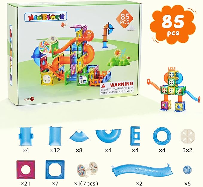 MAGBLOCK 85Pcs Marble Run Magnetic Tiles Toy Building Blocks STEM Educational Child Brain Development Kit Magnet Construction Toys for Boys Girls Kids Age 5 6 7+ Years Old