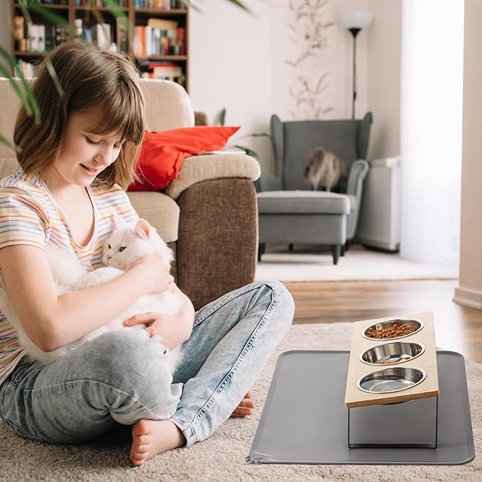 Upgraded Elevated Cat Bowls with Food Mat,15°Tilted Stand Anti Vomiting Raised Cat Dishes for Food and Water,3 Stainless Steel Bowls for Cats and Puppy