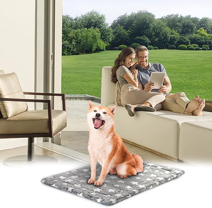 KROSER Fancy Crate Pad Bed Mat Reversible (Cool & Warm), Machine Washable, for Small to XXX-Large Dogs, Grey, Navy, Star Pattern