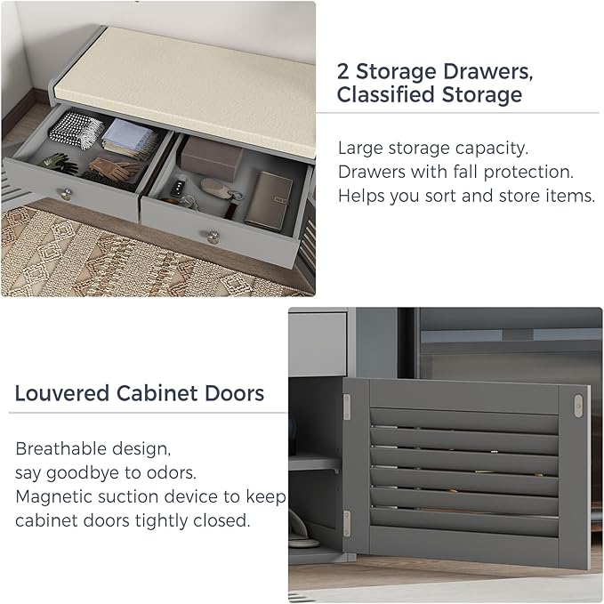 Shoe Storage Bench with 2 Drawers & 2 Doors, Entryway Bench with Cushion, 2 Adjustable Shelves, Shoe Cabinet for Entryway, Living Room, Hallway, Mudroom, Bedroom, Grey
