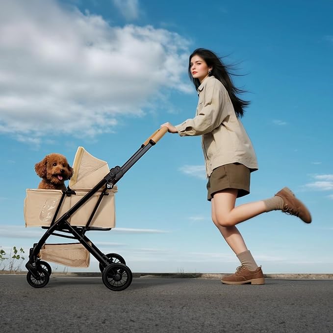 Lightweight Dog Stroller Portable Compact Folded Pet Stroller for Small/Medium Dogs & Cats Up to 35lbs One Click Folding Large Cat Carriage with Adjustable Canopy Storage Basket- Khaki