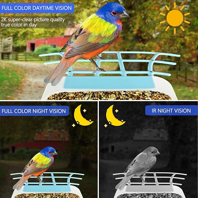 64GB Smart Bird Feeder with Camera Solar Powered, 2K 3MP HD Live Video &Playback on Phone, AI Identify +10,000 Bird Species, 2.4G WiFi Bird Feeder Camera Wireless Outdoor House-Bird Watching (Blue)